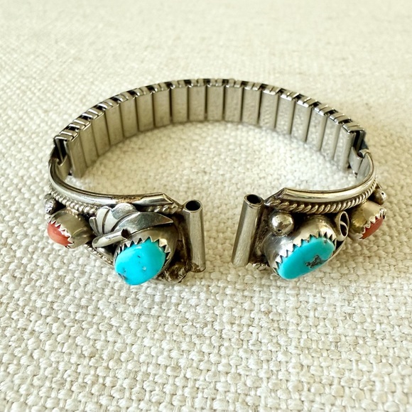 Sterling Silver Navajo Turquoise & Coral Watch Band Tips - Picture 3 of 13